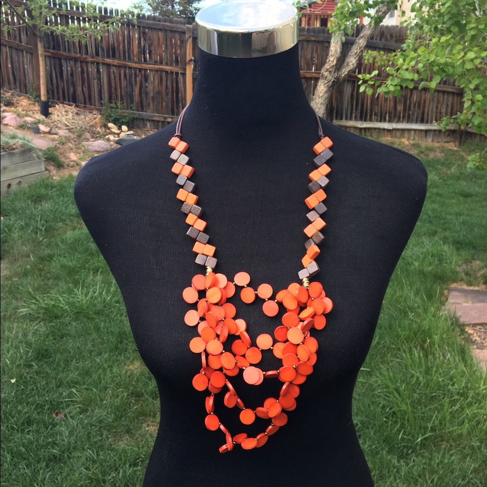 Chocolate & Orange Wooden Statement Necklace